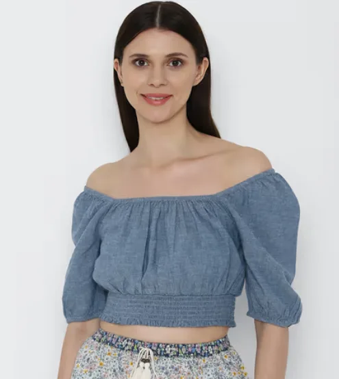 Blue Puff-sleeve Crop Top