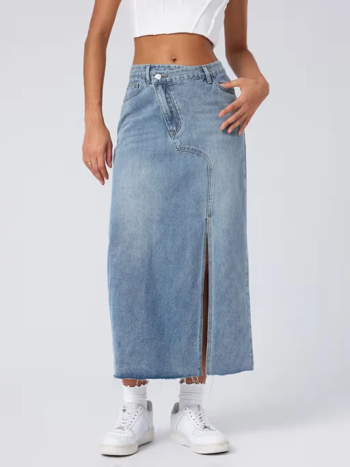 Blue Denim High Waist Asymmetrical Split Skirt