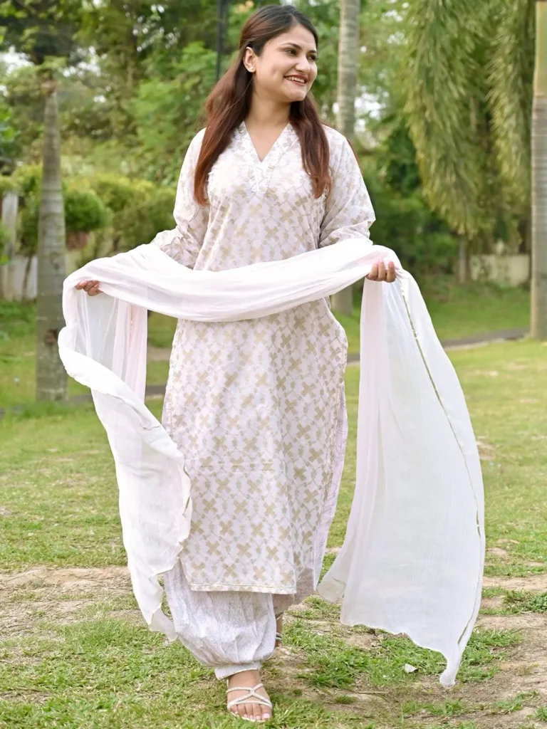 Pink Printed Cotton Straight Kurta with Salwar and Dupatta