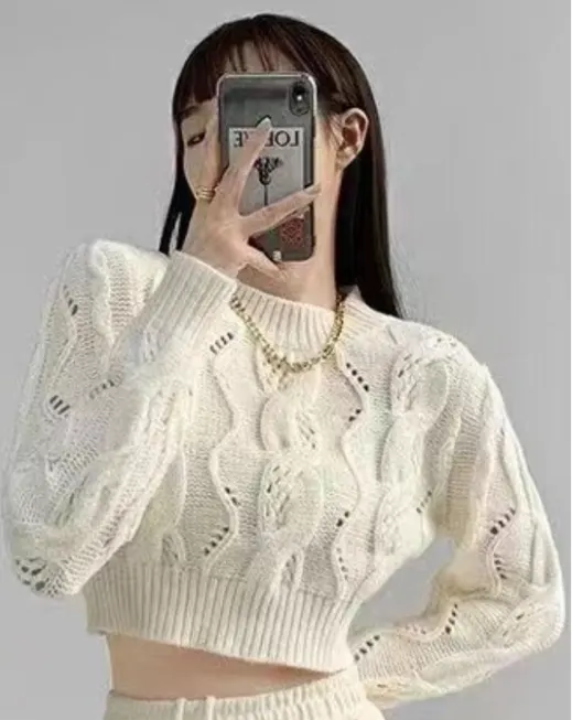 White Self Design Round Neck Crop Top