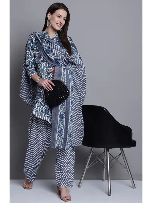 Rajnandini, Grey and Green Cotton Printed Salwar Suit