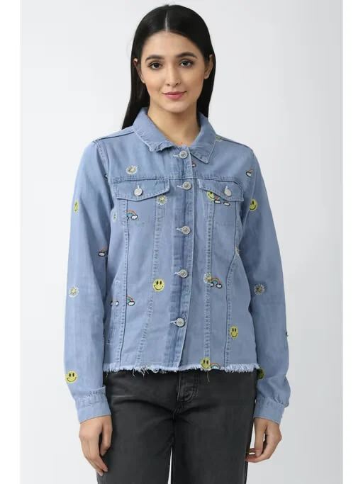 Women Embroidered Blue Denim Jacket